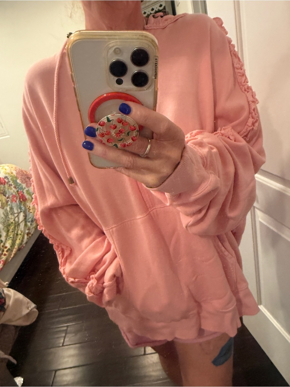 Free People XOXO Hoodie Pale Rosette Pink Ruffle Oversized Sweatshirt M
